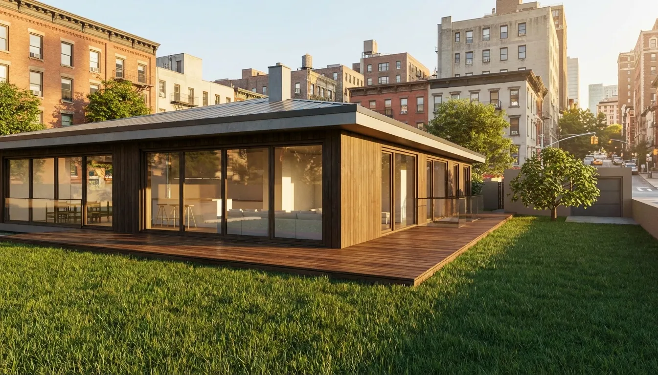 AI visualization of the model view with timber cladding, sunlight and added city buildings