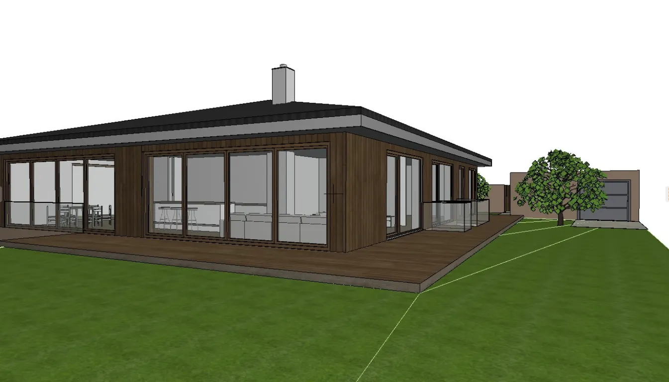 Model-view source image of a single-storey house with a terrace and lawn