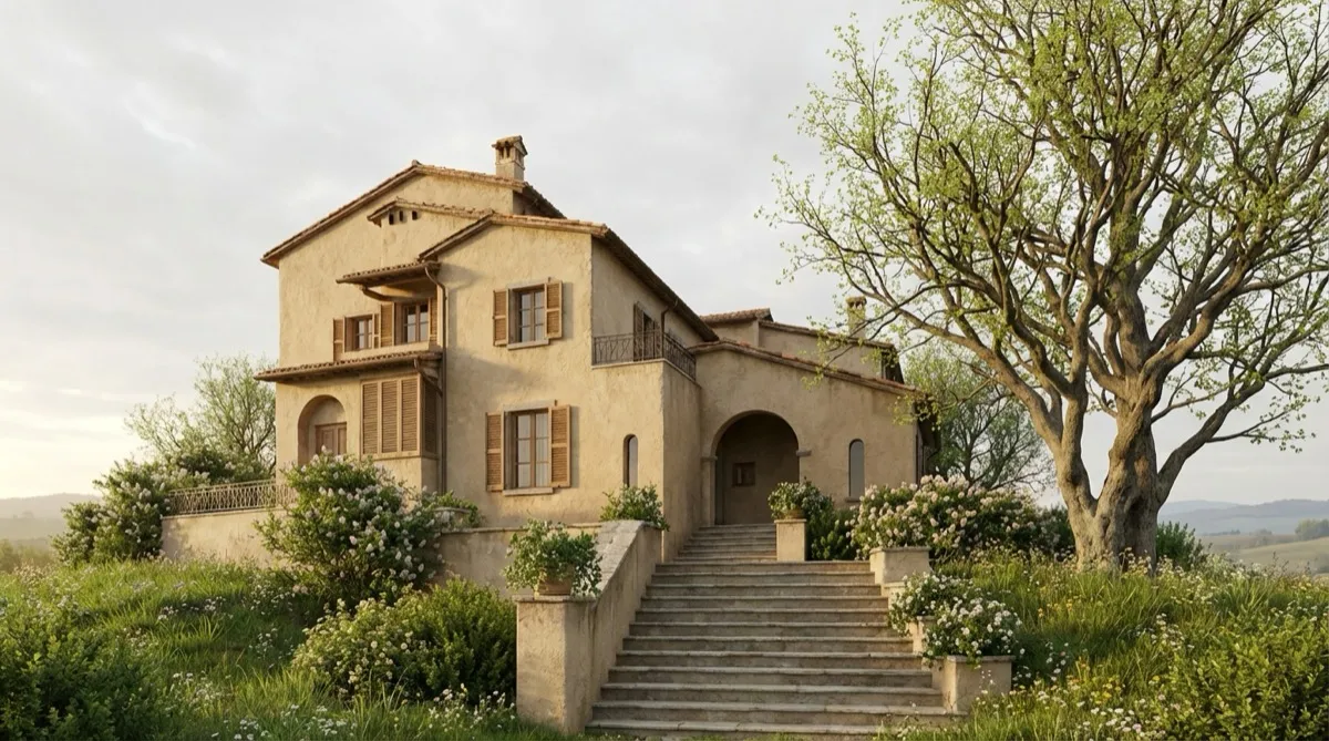 AI visualization of the sketched house with warm plaster, shutters and planting