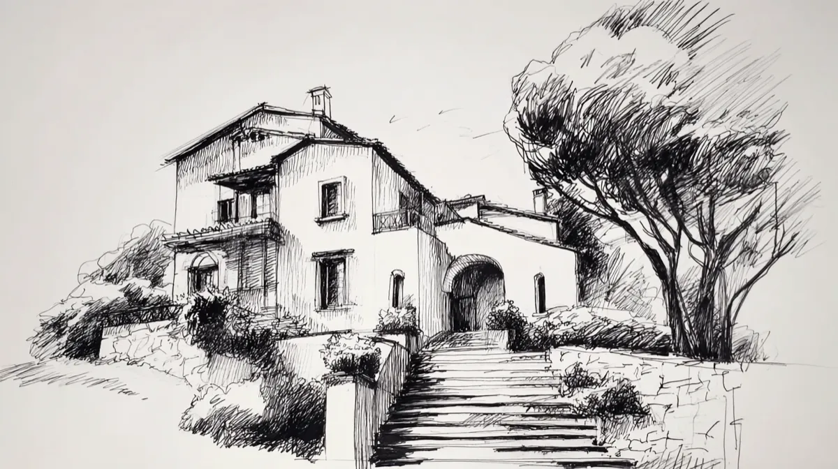 Architectural sketch of a house with an arched entrance and external steps